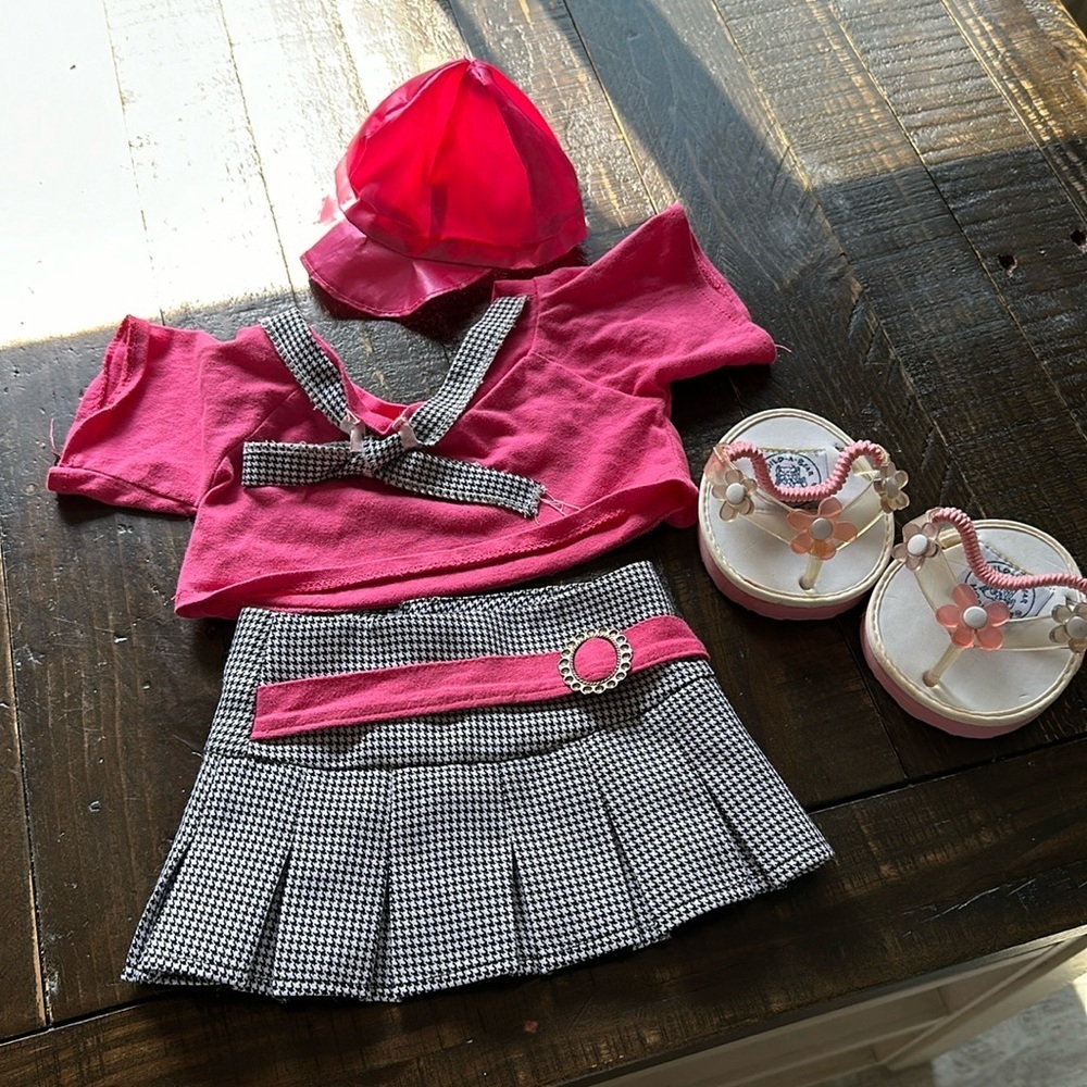 BAB sandals and pink white and black houndstooth design skirt, shirt, hat
